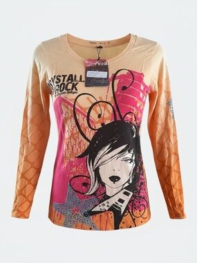 Crystal Rock Y2K Rhinestone Graphic Long-Sleeve Tunic Top - Pink & Orange Large